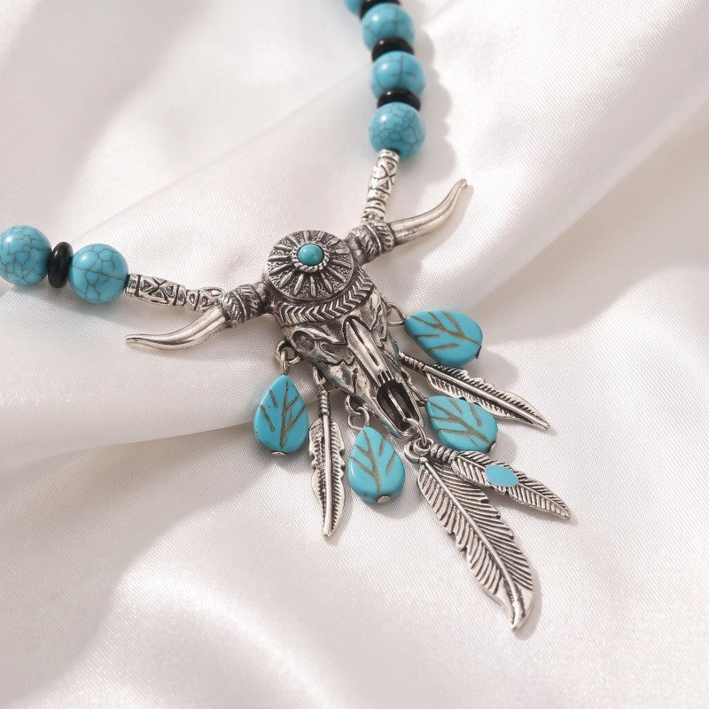 Boho Turquoise Bull Head Feather Necklace