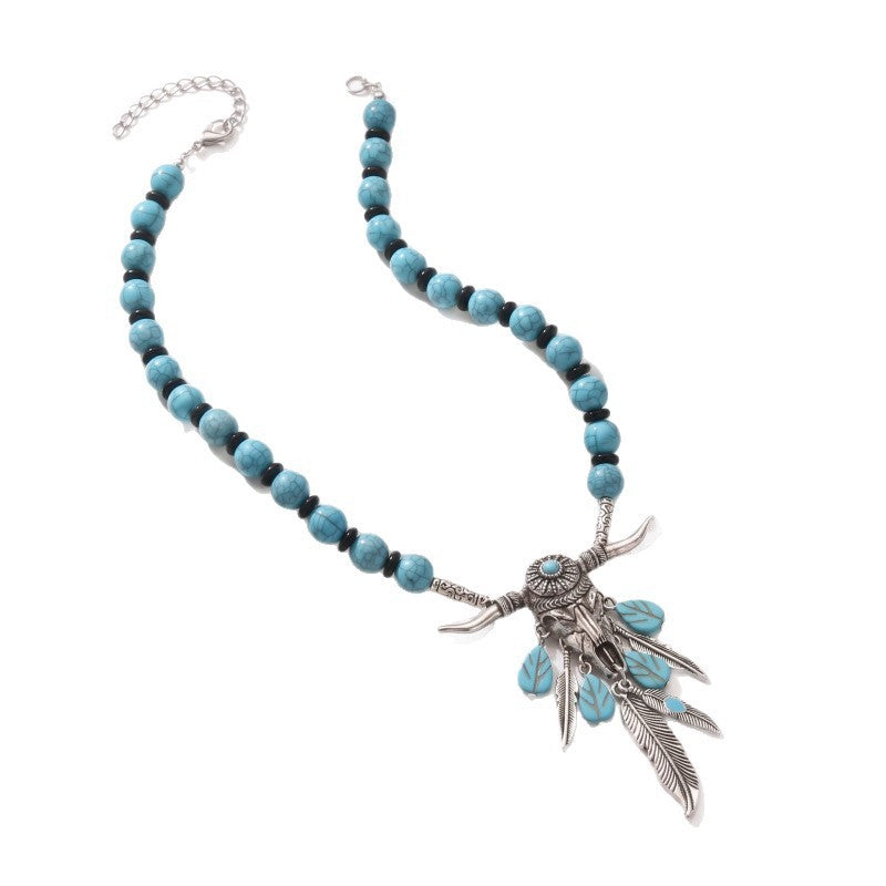 Boho Turquoise Bull Head Feather Necklace