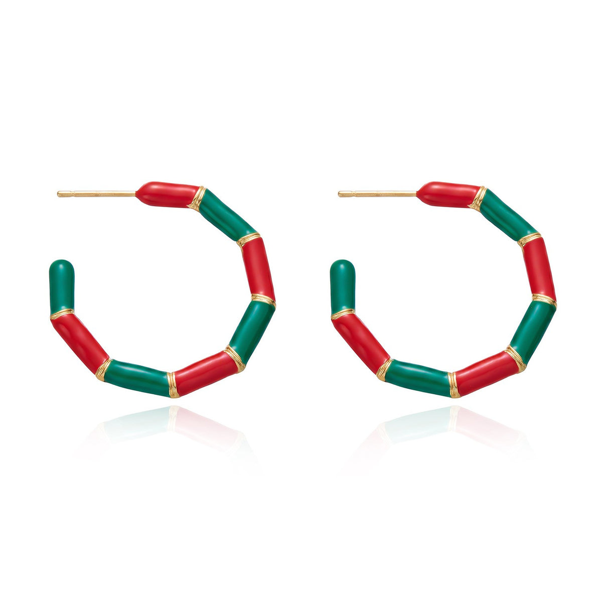 Festive Red Green Enamel Twist Hoop Earrings