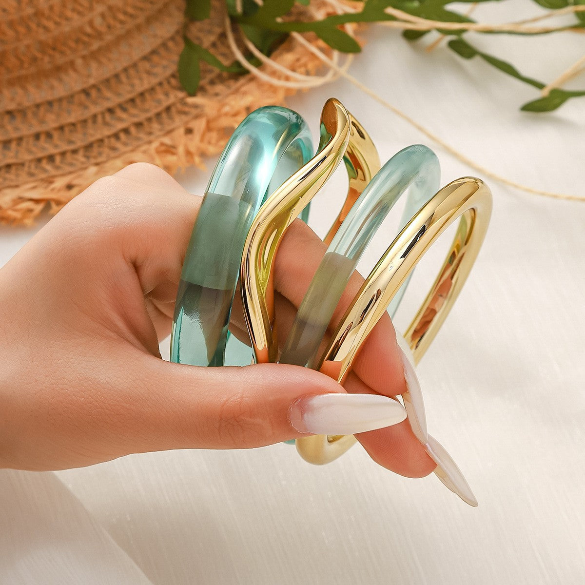 Classy Teal Resin & Gold Bangle Set