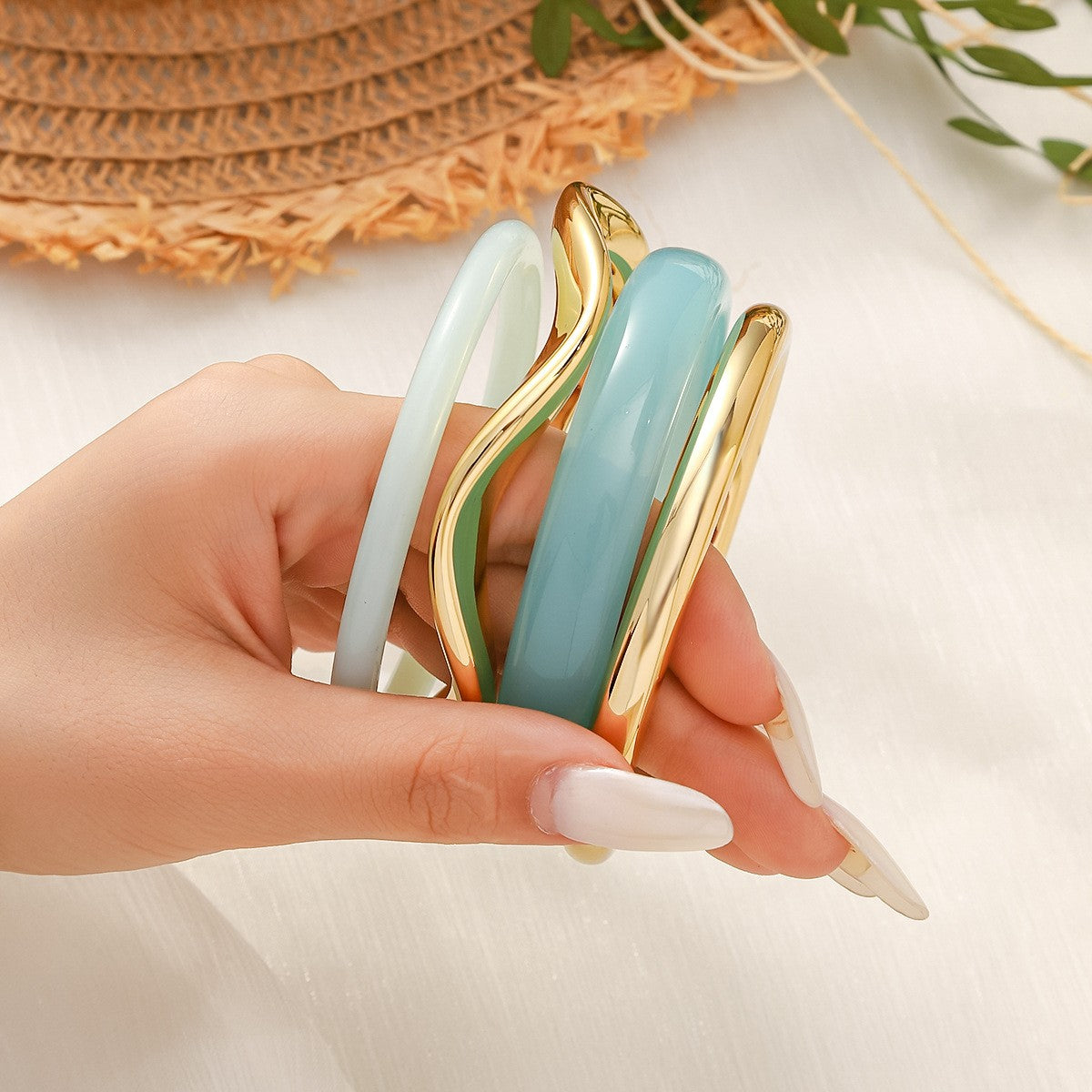 Classy Teal Resin & Gold Bangle Set