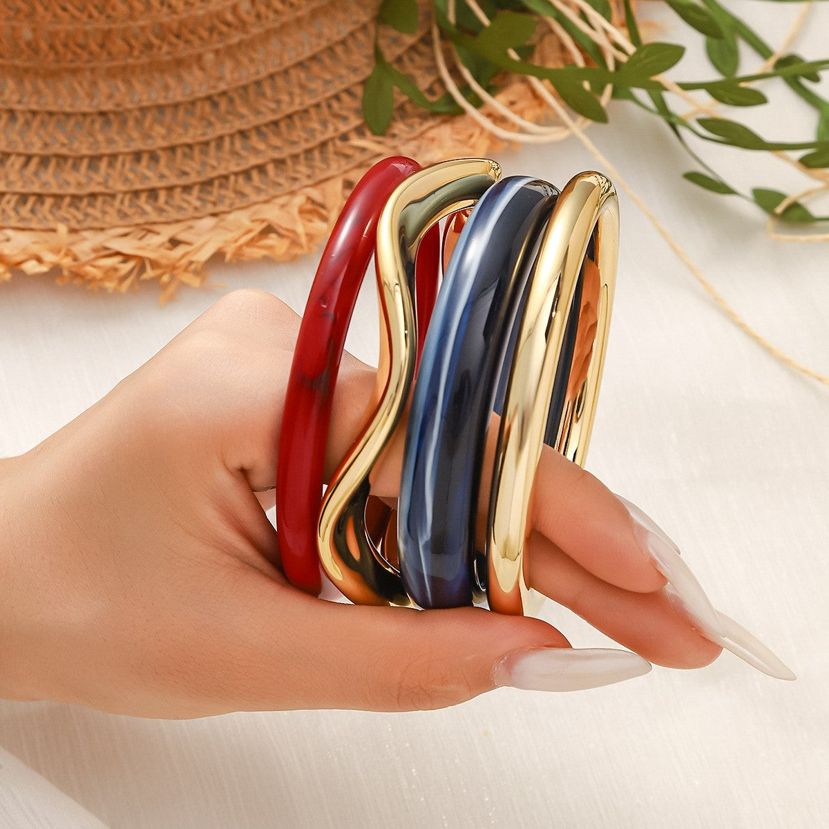 Classy Teal Resin & Gold Bangle Set