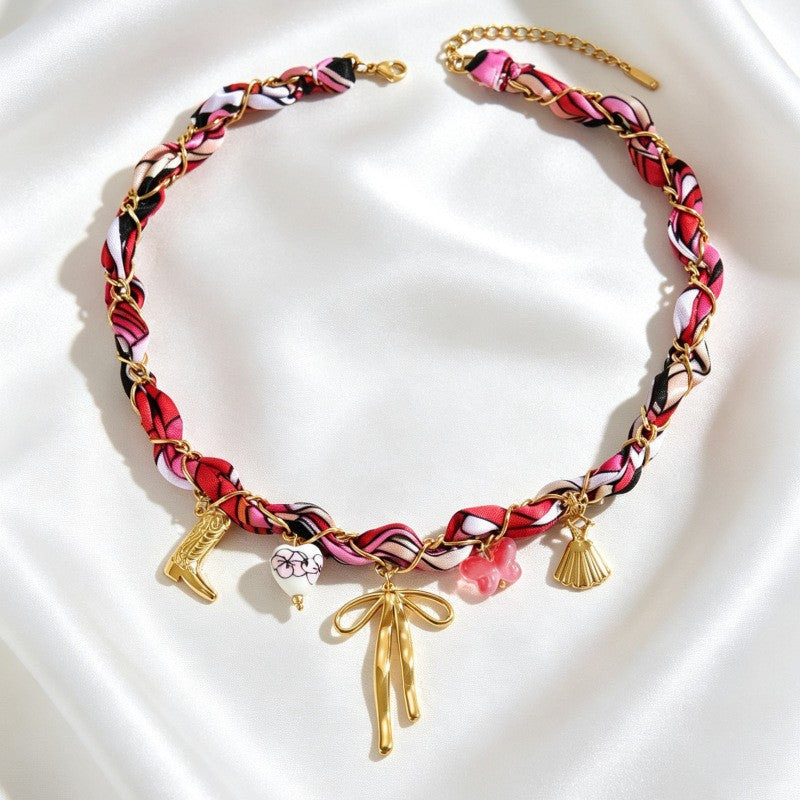 Vintage Braided Fabric Bow Charm Necklace