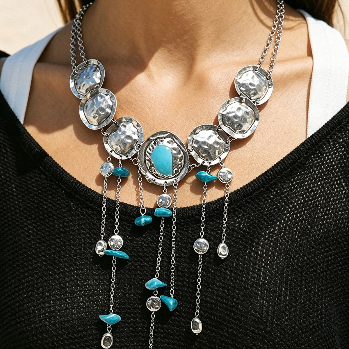 Boho Hammered Turquoise Fringe Necklace