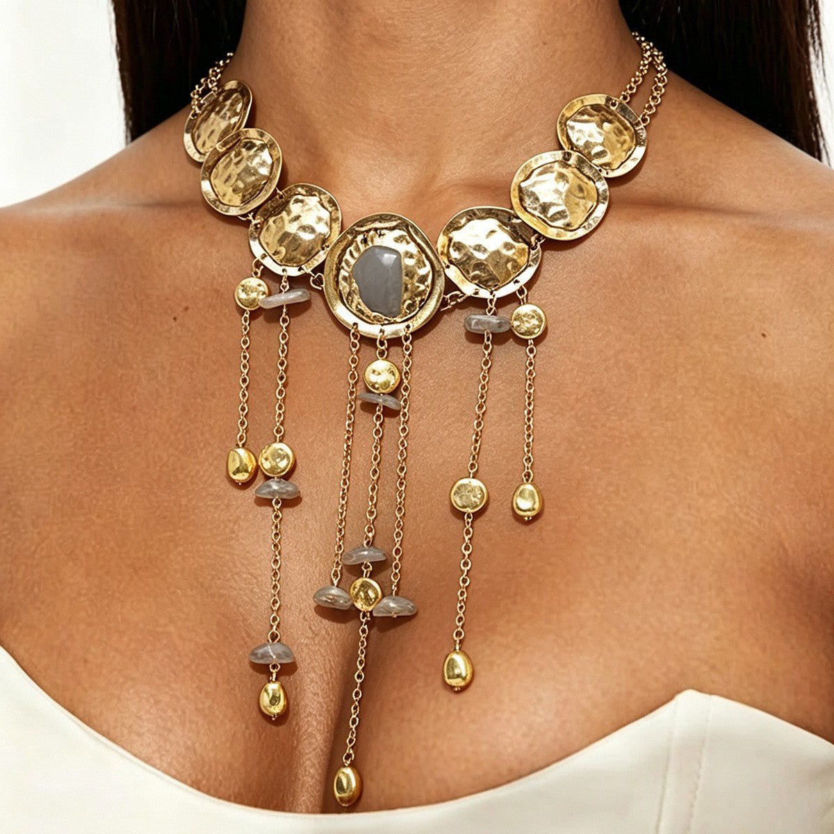 Boho Hammered Turquoise Fringe Necklace
