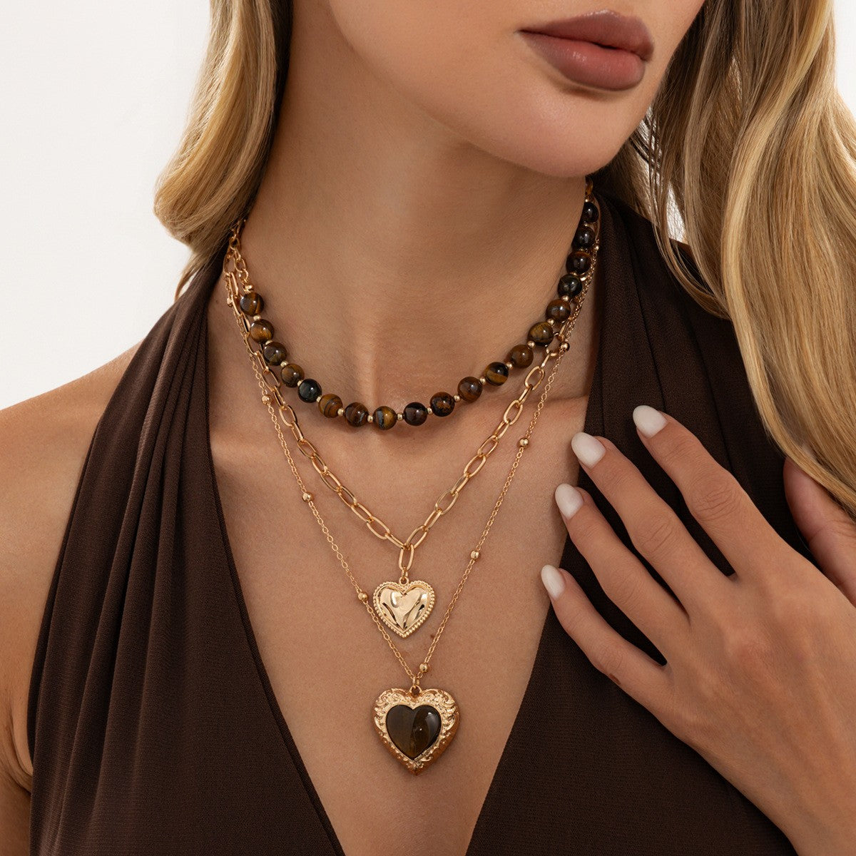 Classy Tiger Eye Heart Layered Necklace