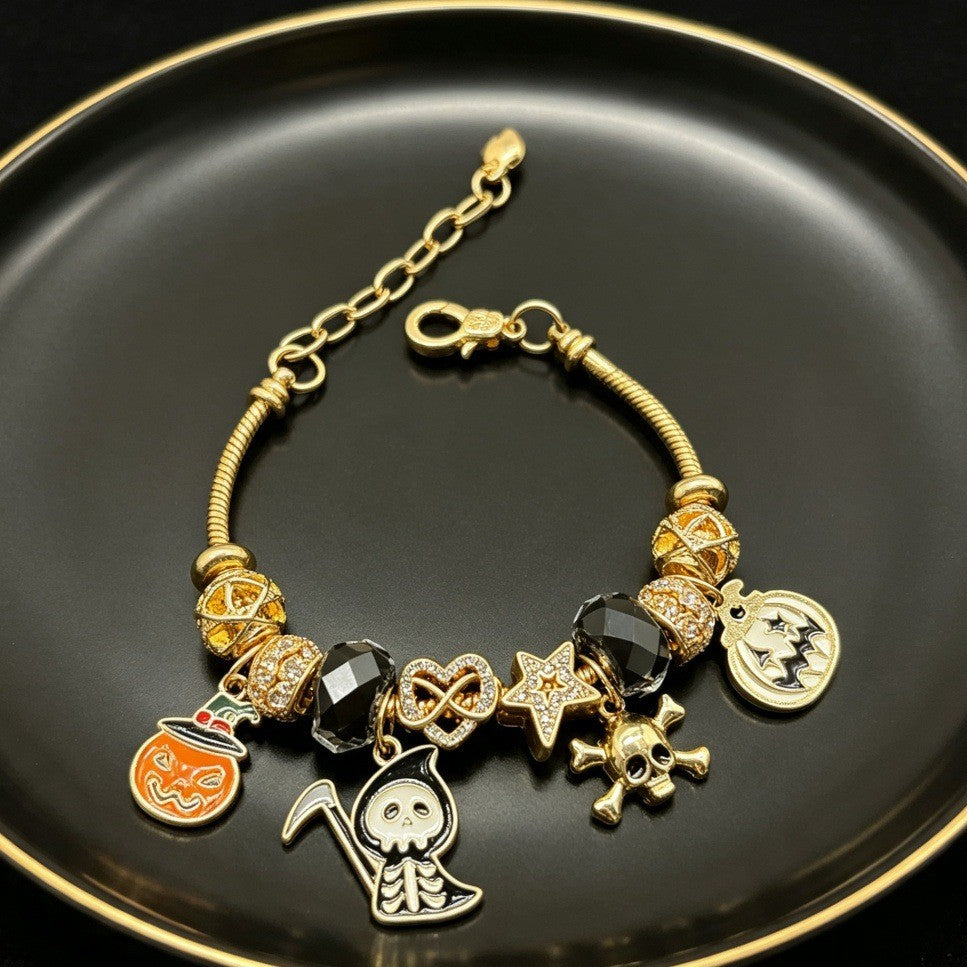 Edgy Halloween Skull & Pumpkin Charm Bracelet
