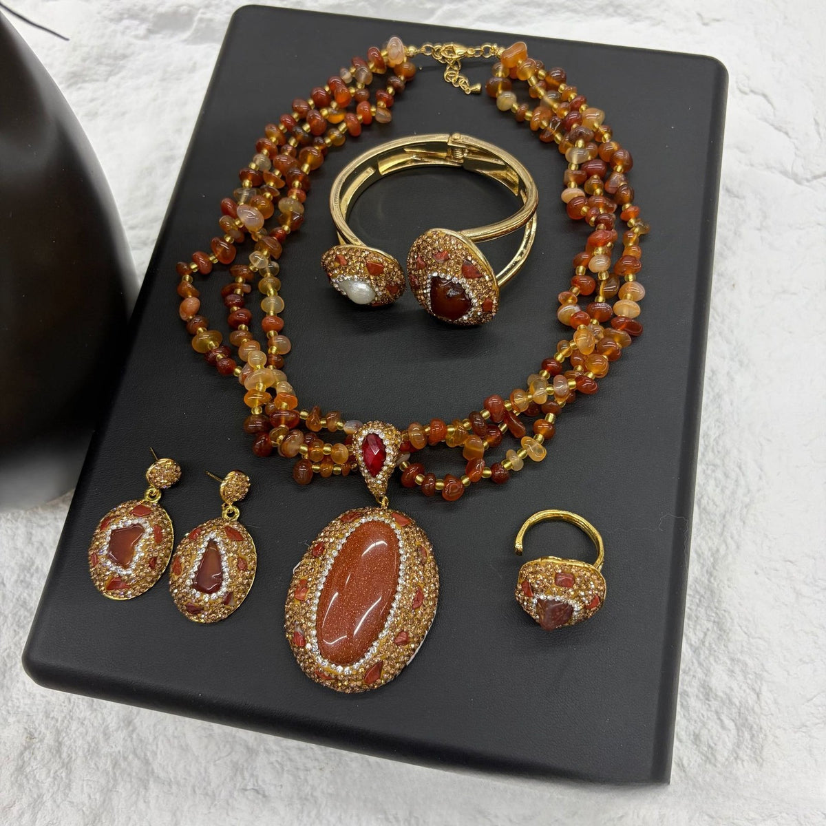 Vintage Natural Stone Chip Necklace, Bangle & Earring Set