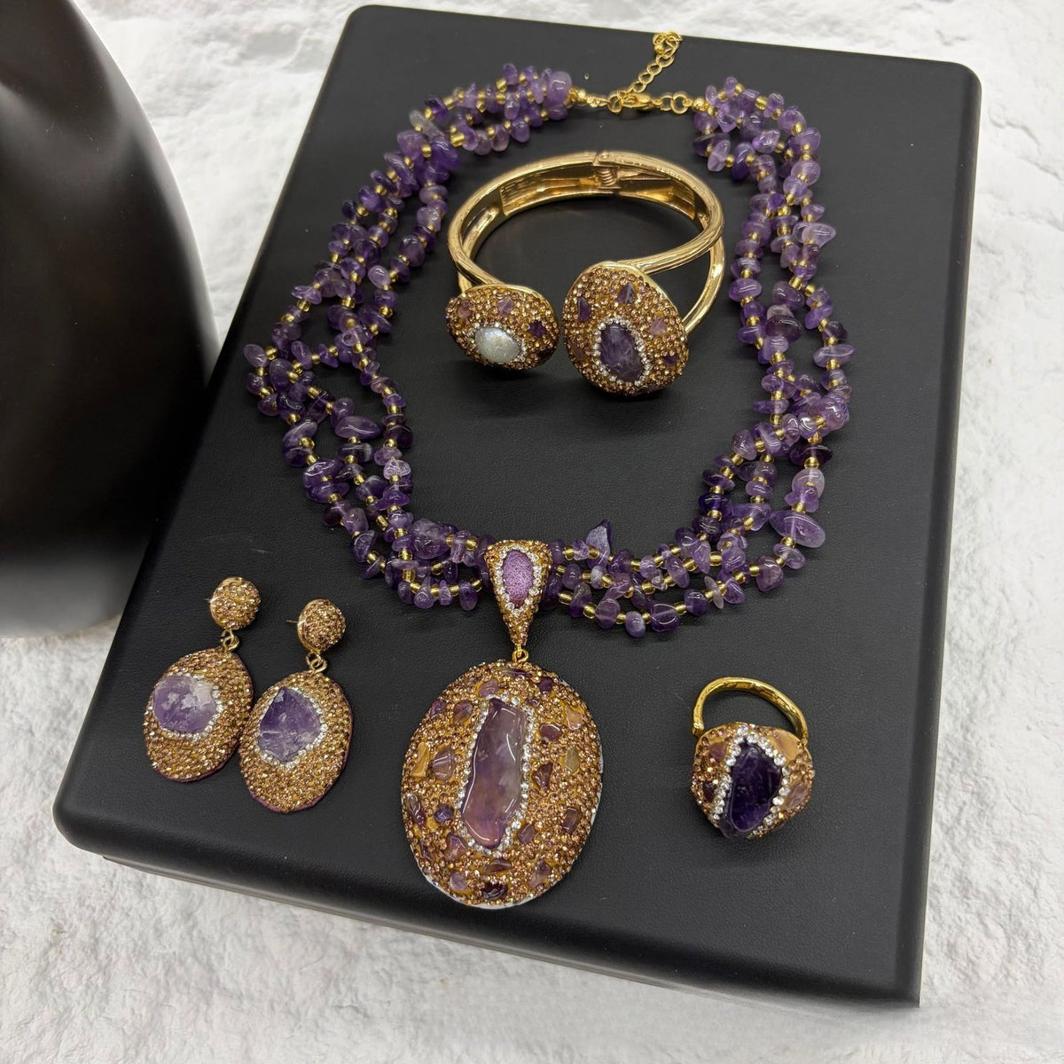 Vintage Natural Stone Chip Necklace, Bangle & Earring Set