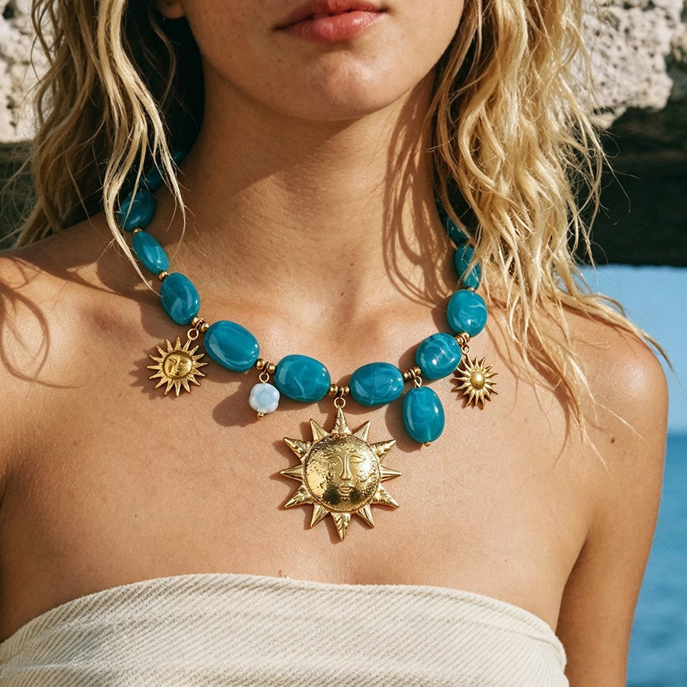 Boho Turquoise Resin Sun Necklace
