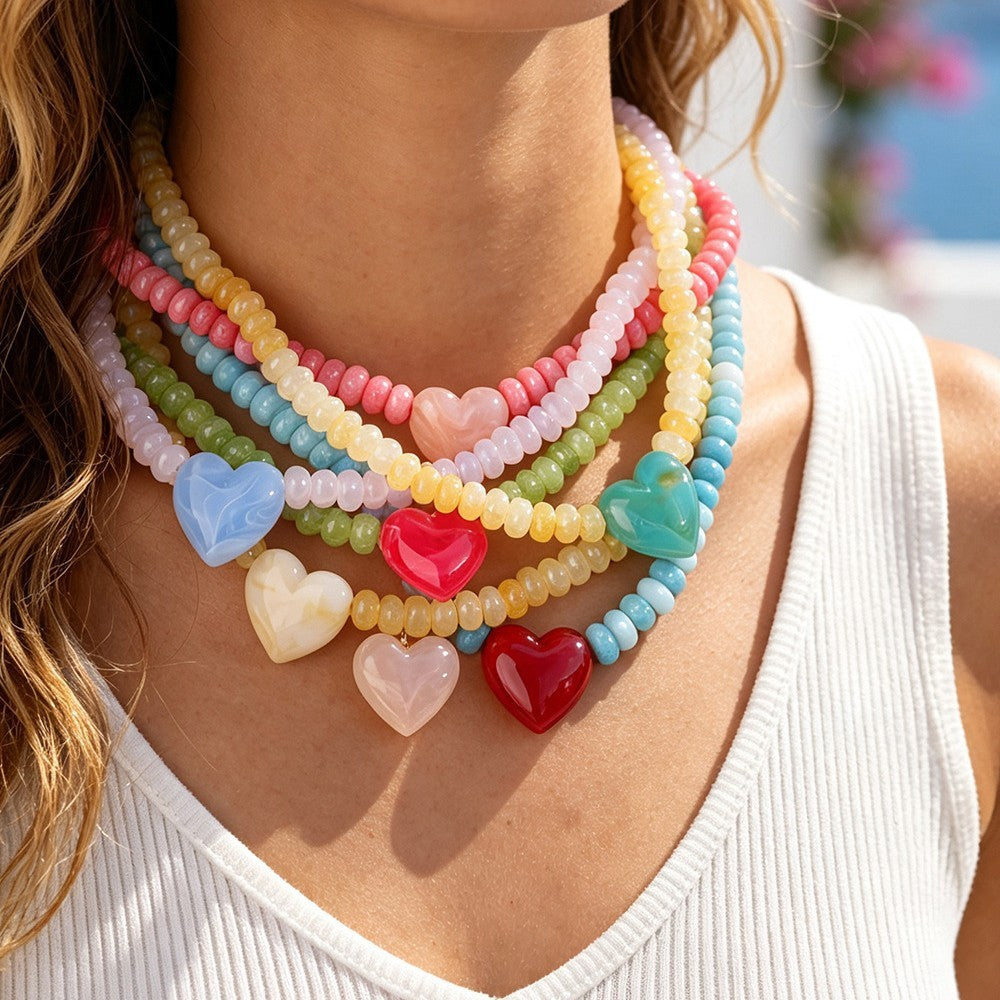 Boho Multicolor Beaded Heart Necklace