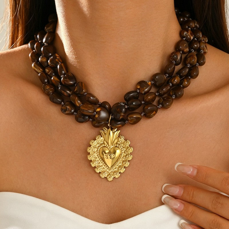 Boho Tiger Eye Beaded Sacred Heart Necklace