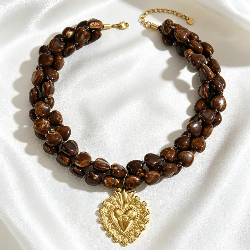 Boho Tiger Eye Beaded Sacred Heart Necklace