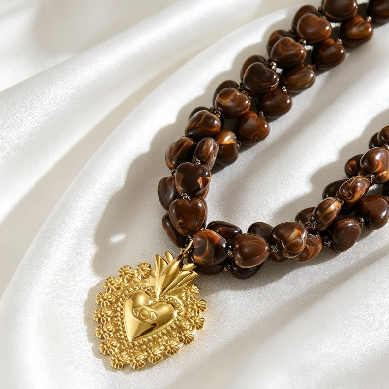 Boho Tiger Eye Beaded Sacred Heart Necklace