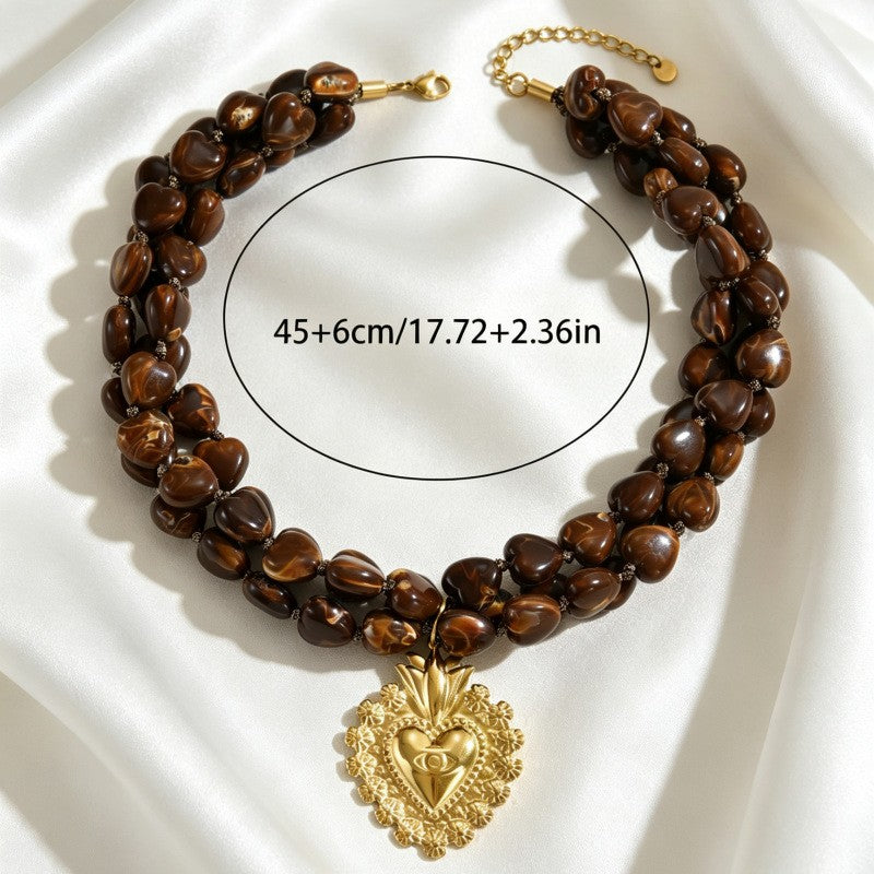 Boho Tiger Eye Beaded Sacred Heart Necklace