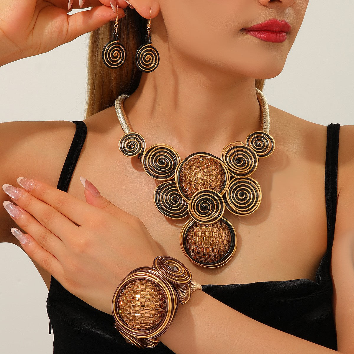3pc Boho Woven Spiral Necklace, Bracelet & Earring Set