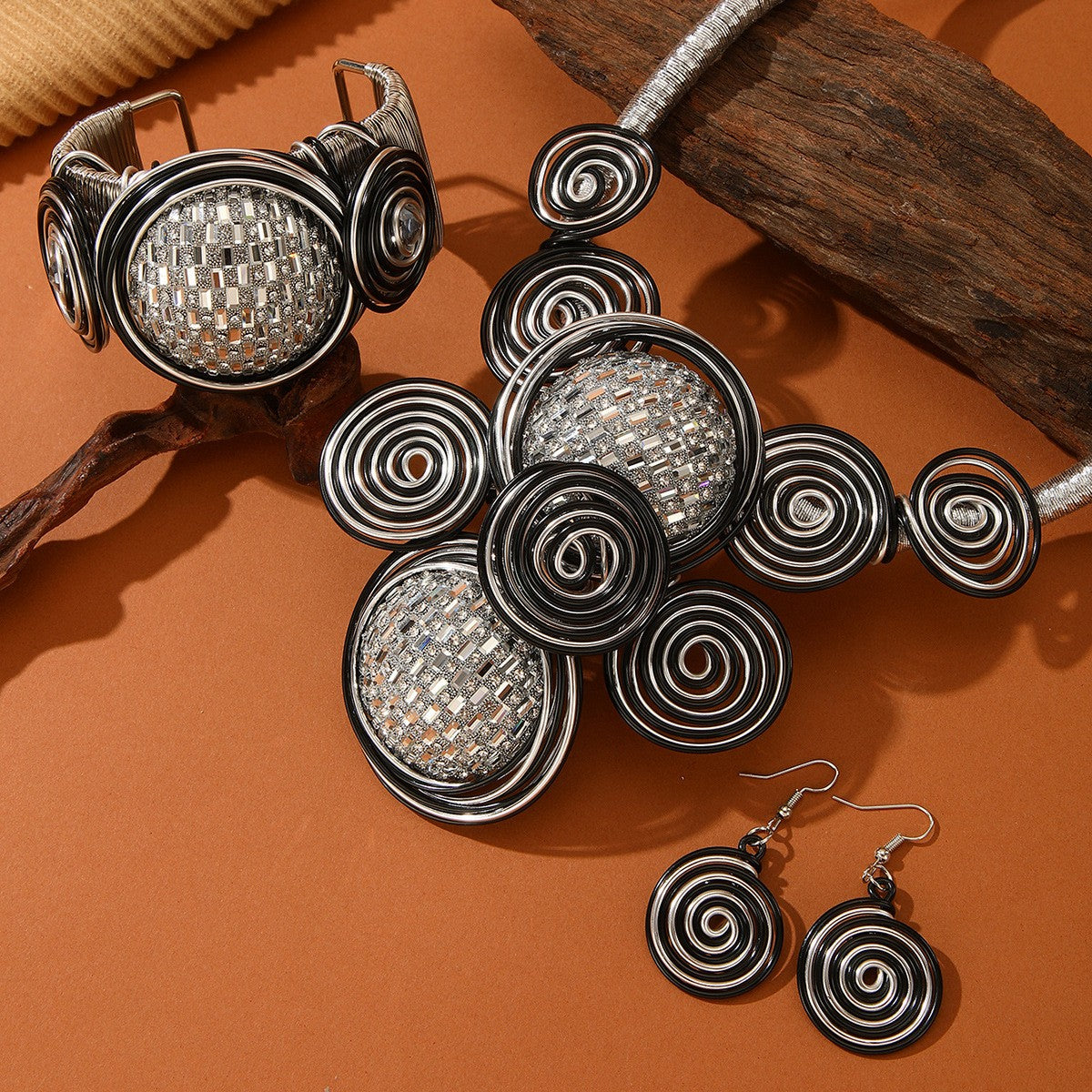 3pc Boho Woven Spiral Necklace, Bracelet & Earring Set