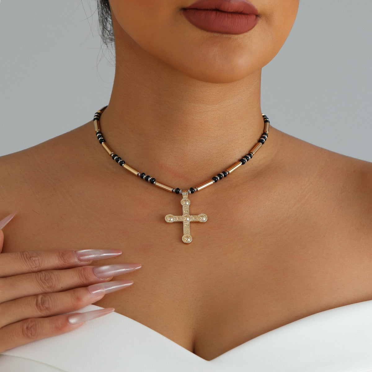 Classy Black Beaded Cross Choker Necklace