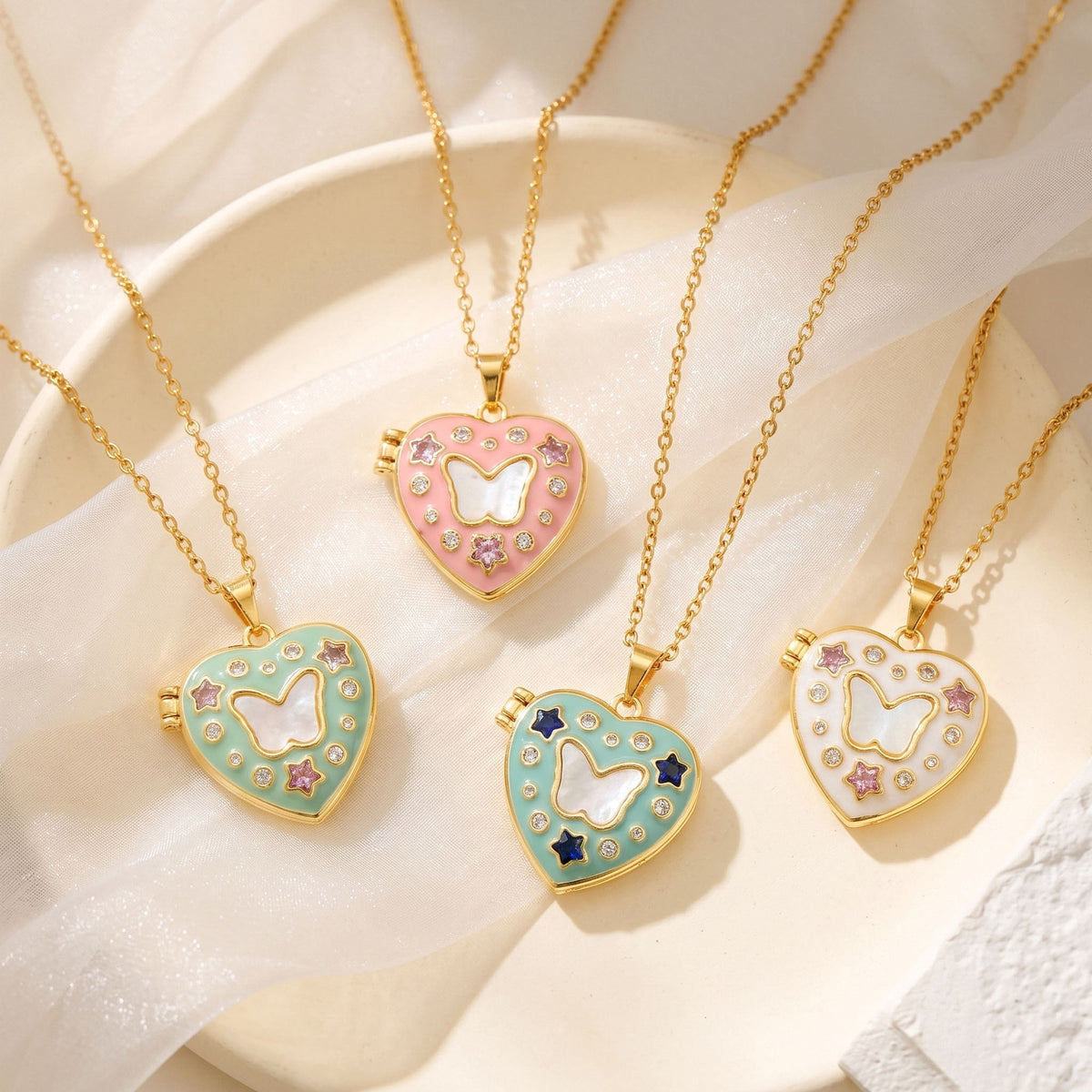 Dainty CZ Star Accented Heart Locket Necklace