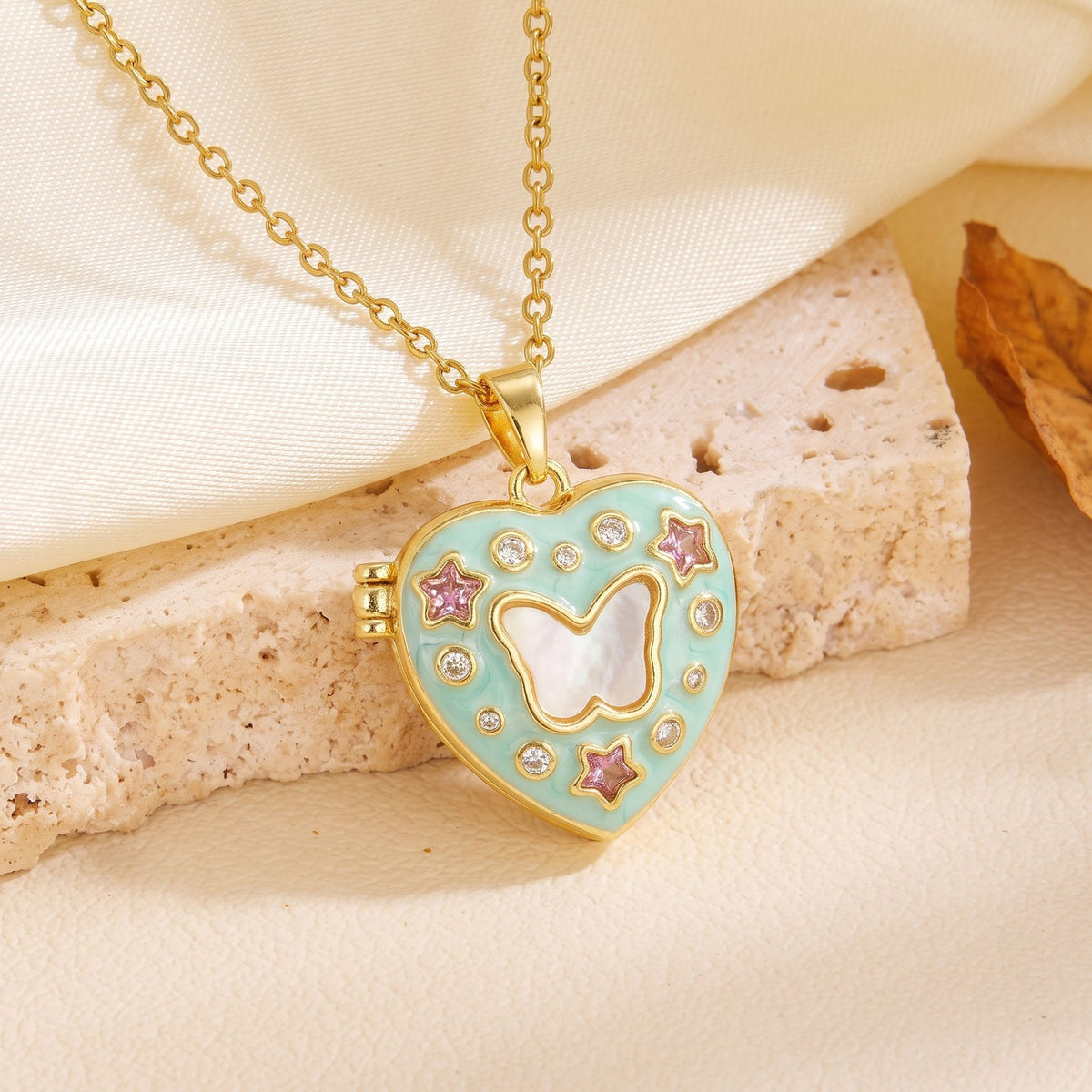 Dainty CZ Star Accented Heart Locket Necklace