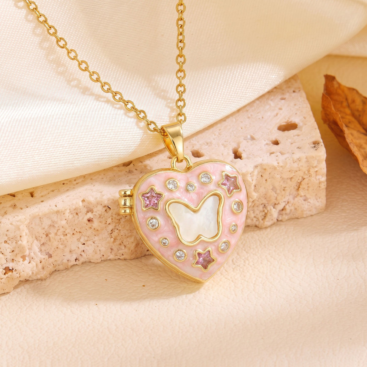 Dainty CZ Star Accented Heart Locket Necklace