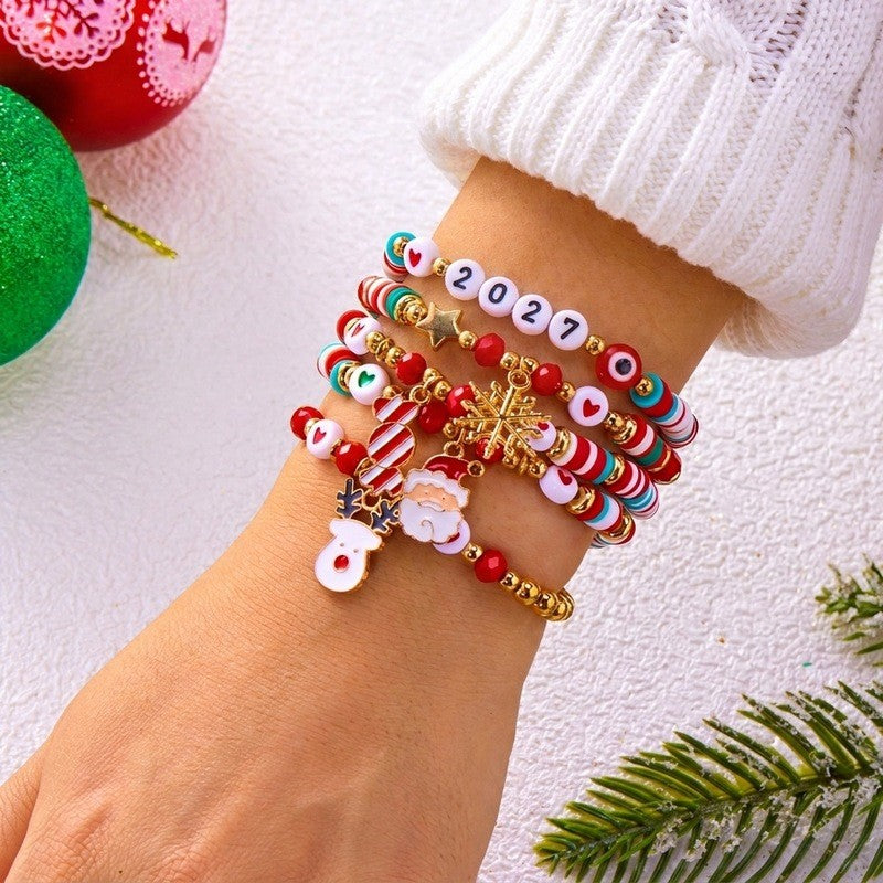 Festive Santa Snowflake Beaded Bracelet Set