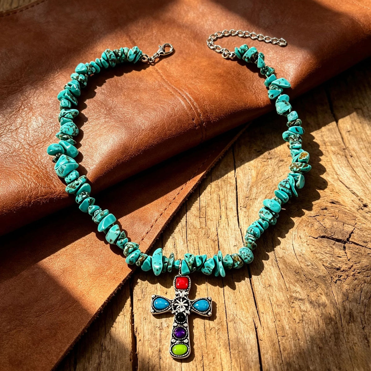 Vintage Turquoise Chip Chakra Cross Necklace