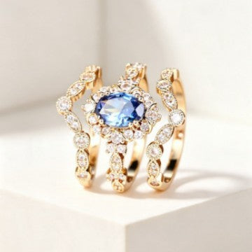 Classy Blue Oval Zircon 3pc Ring Set