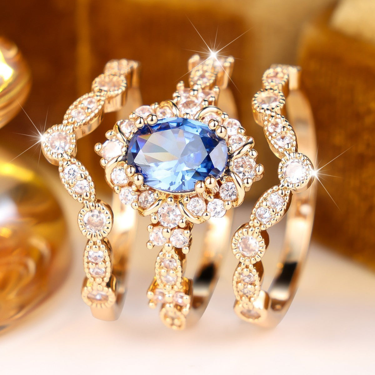 Classy Blue Oval Zircon 3pc Ring Set