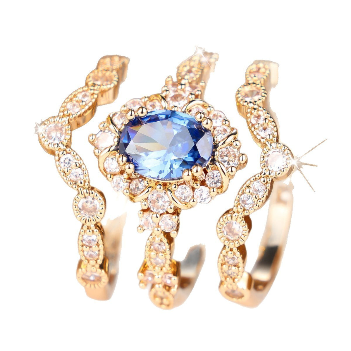 Classy Blue Oval Zircon 3pc Ring Set