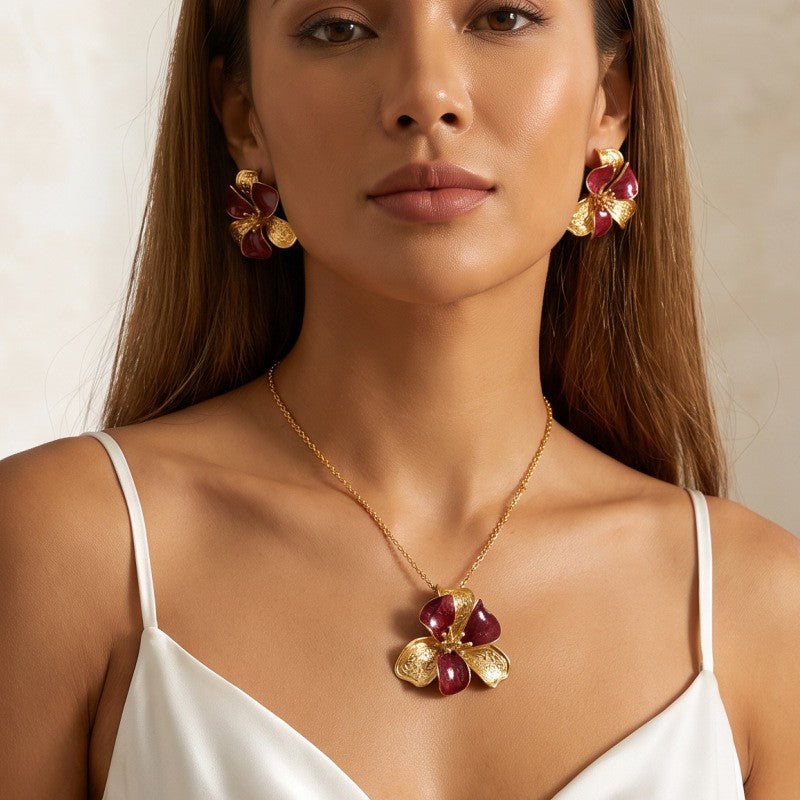 Romantic Wine Red Flower Necklace & Earring Set