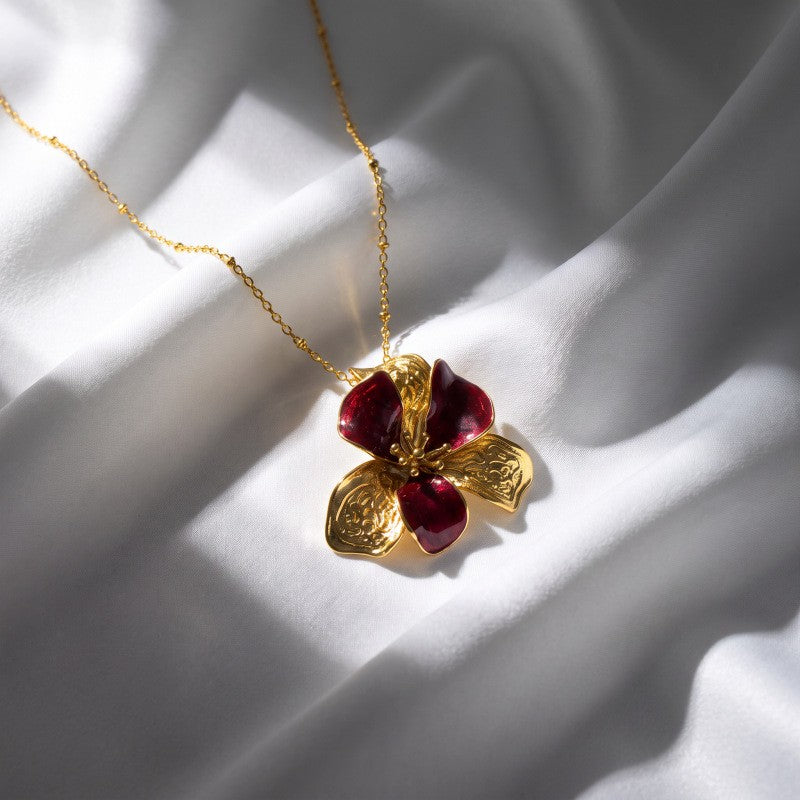 Romantic Wine Red Flower Necklace & Earring Set