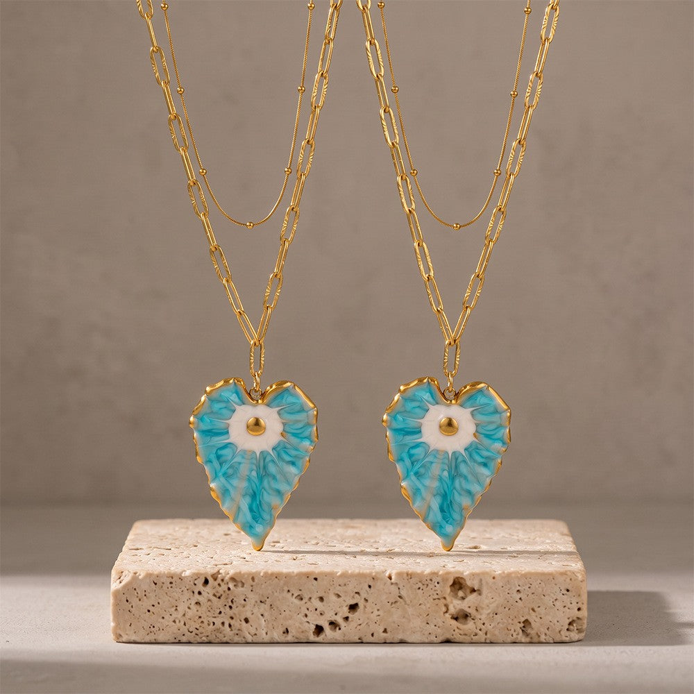 Vintage Blue Enamel Heart Necklace