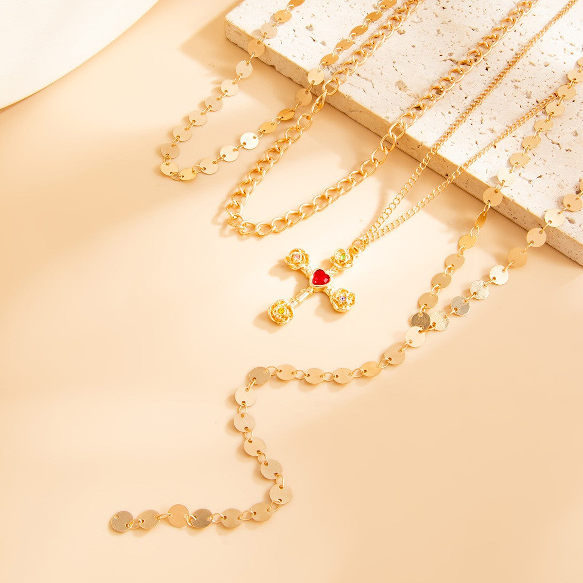 Edgy Multi-Layer Cross Coin Necklace