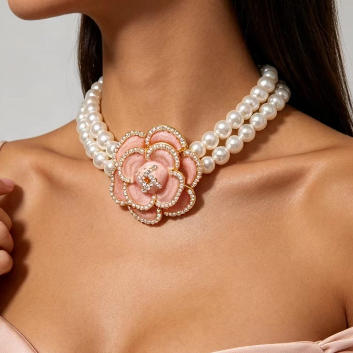 Elegant Layered Camellia Faux Pearl Choker Necklace