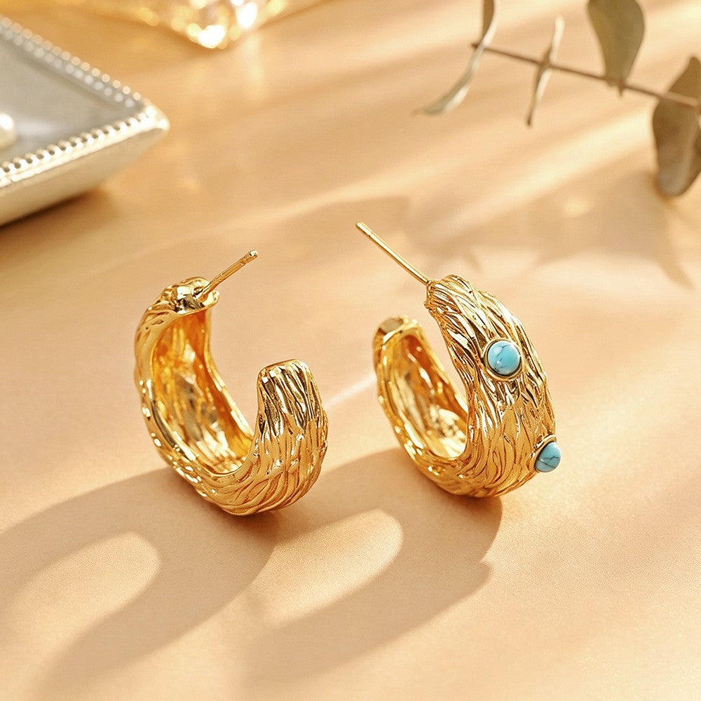 Classy Vintage Textured Turquoise C-Hoop Earrings