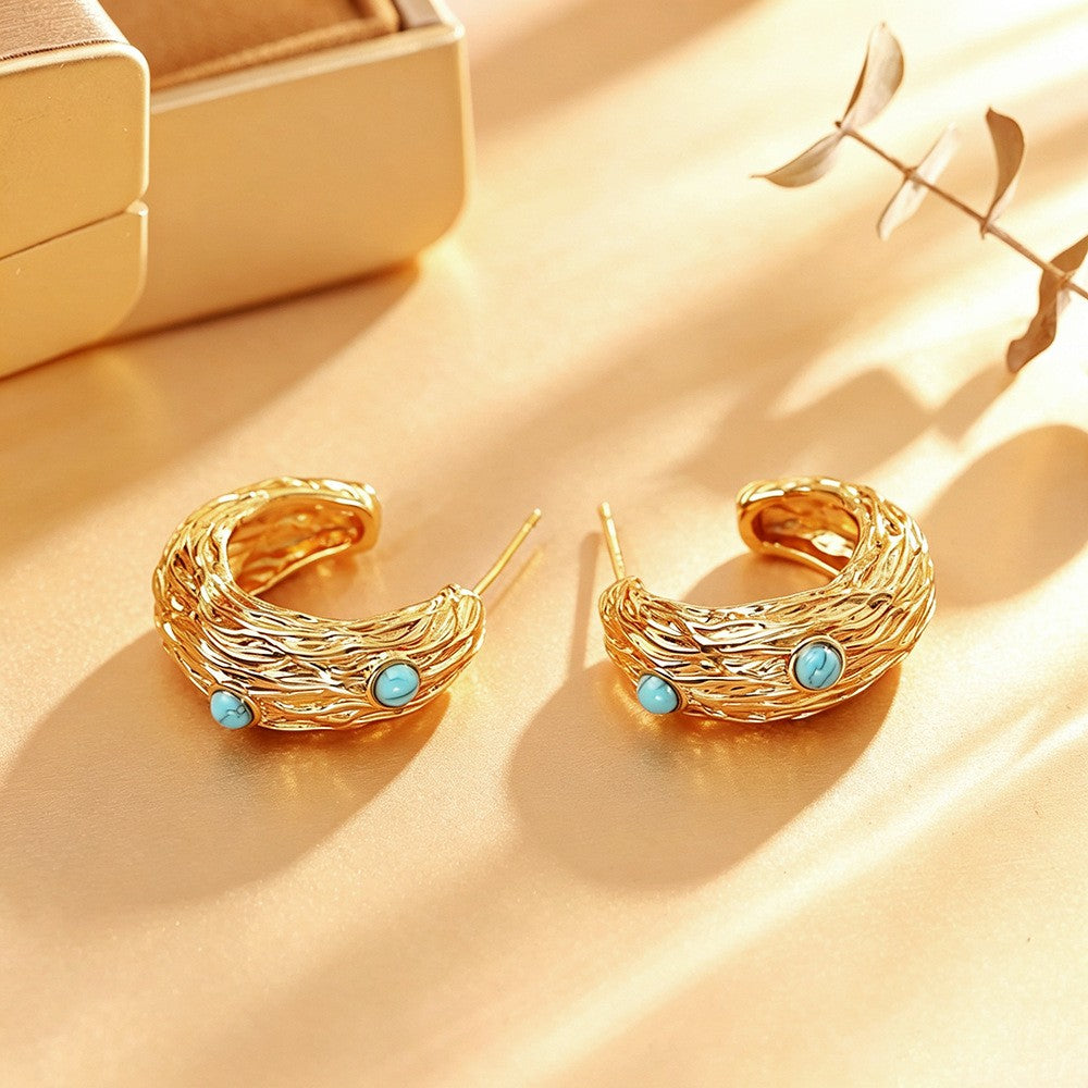 Classy Vintage Textured Turquoise C-Hoop Earrings