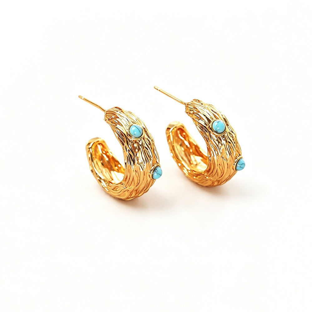 Classy Vintage Textured Turquoise C-Hoop Earrings