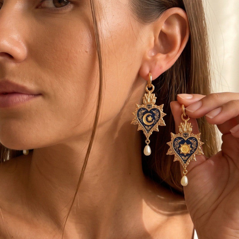 Boho Celestial Sacred Heart Drop Earrings