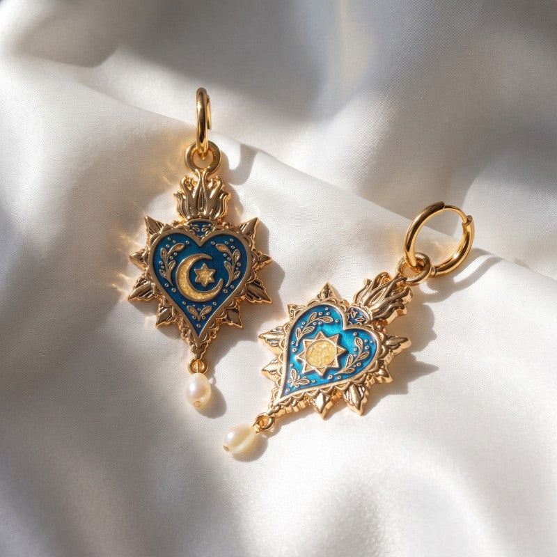 Boho Celestial Sacred Heart Drop Earrings