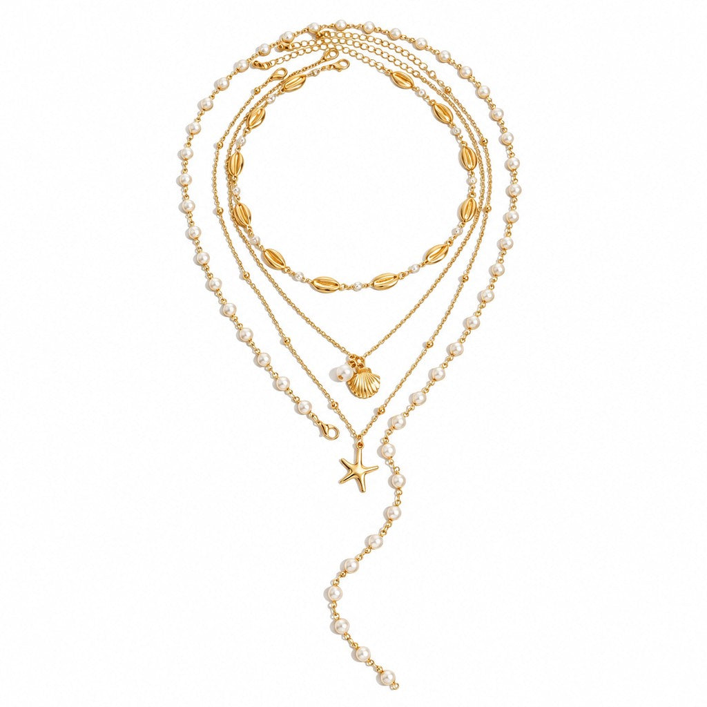 4pc Boho Layered Starfish & Pearl Necklace Set
