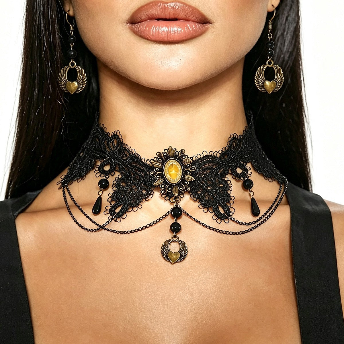 Gothic Lace Heart Choker Necklace & Earring Set