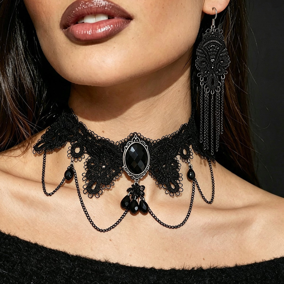 Gothic Lace Heart Choker Necklace & Earring Set