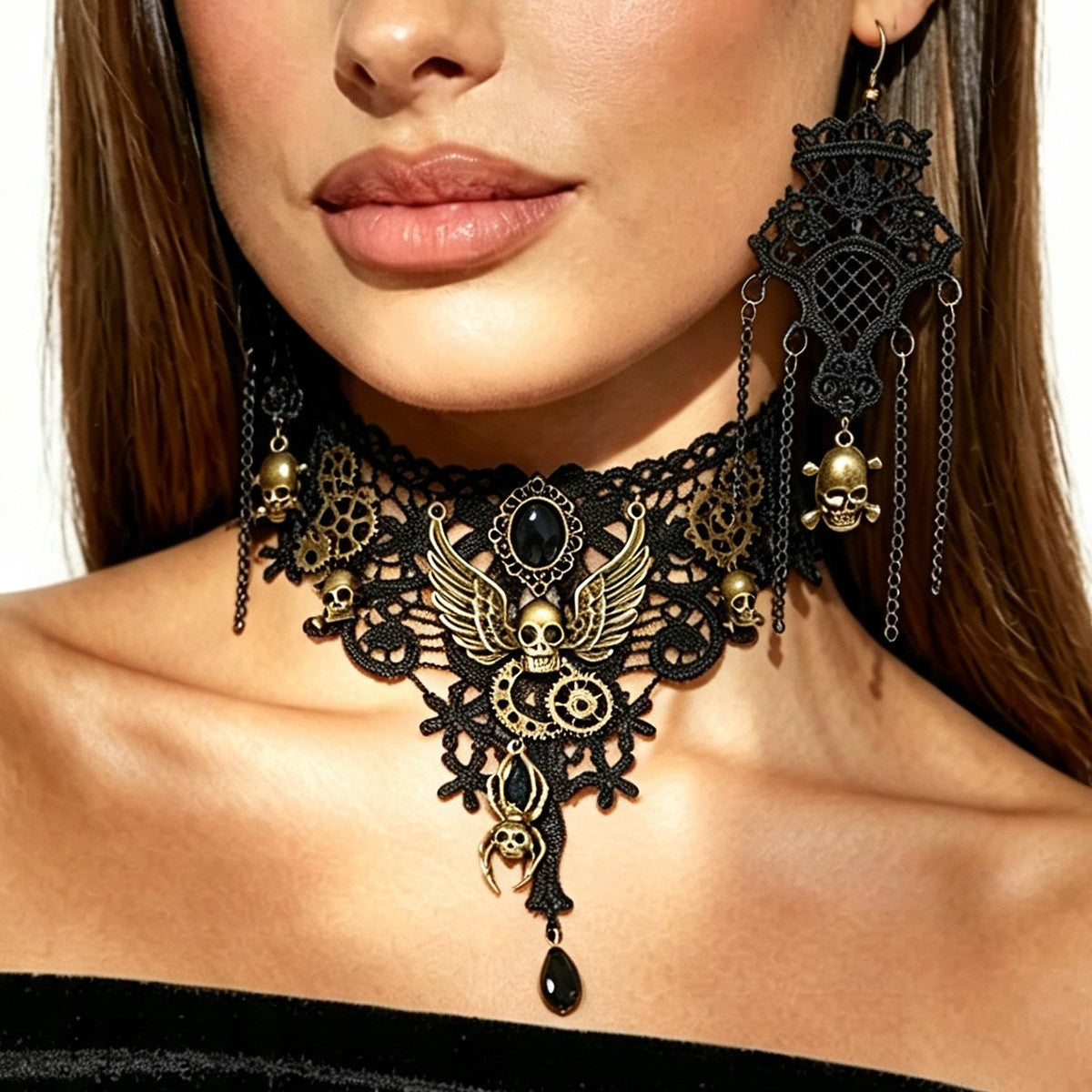 Gothic Lace Heart Choker Necklace & Earring Set