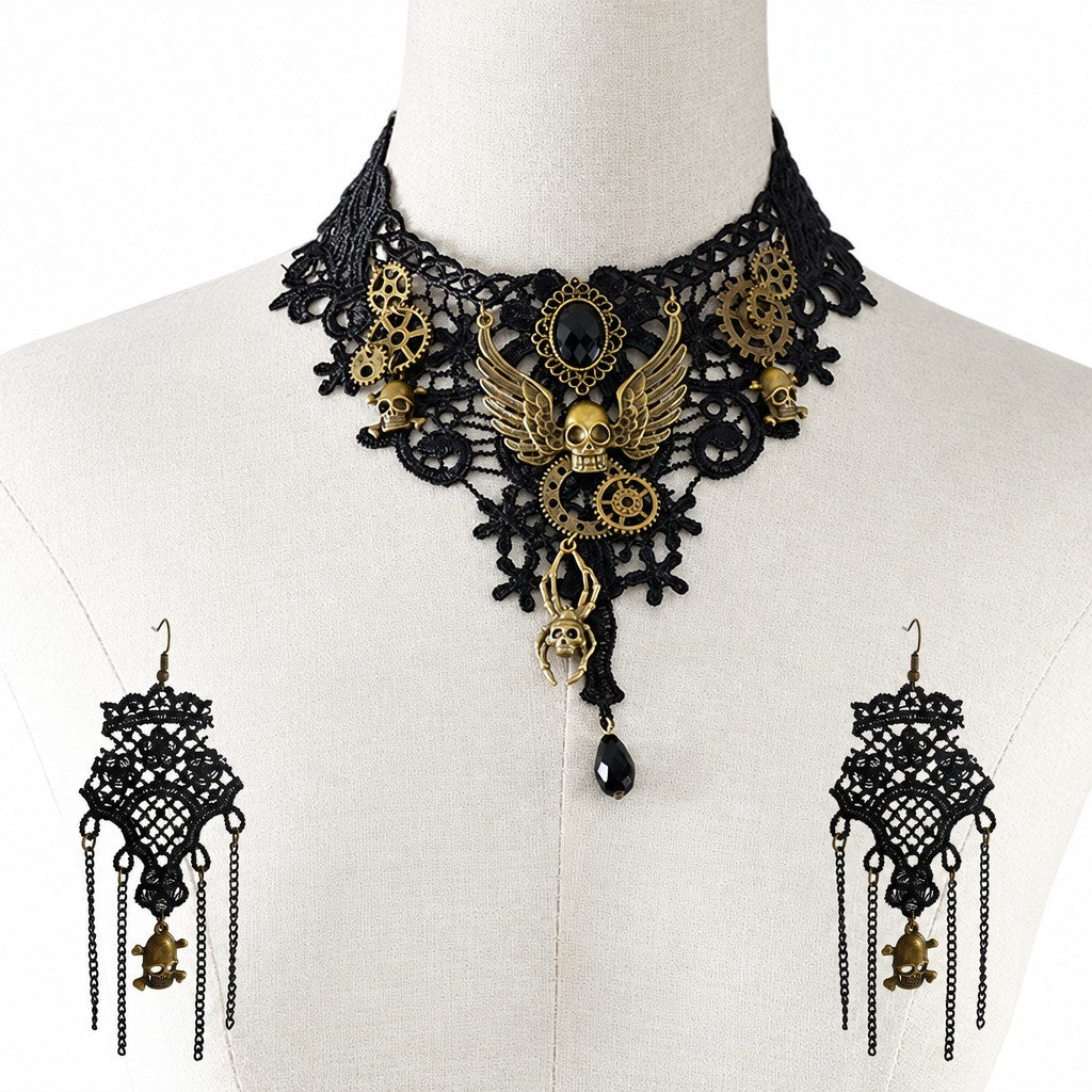 Gothic Lace Heart Choker Necklace & Earring Set