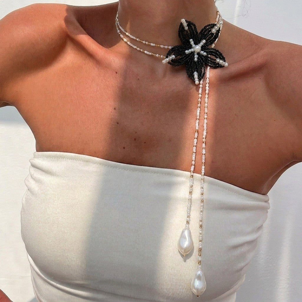 Boho Beaded Flower Tassel Choker Necklace
