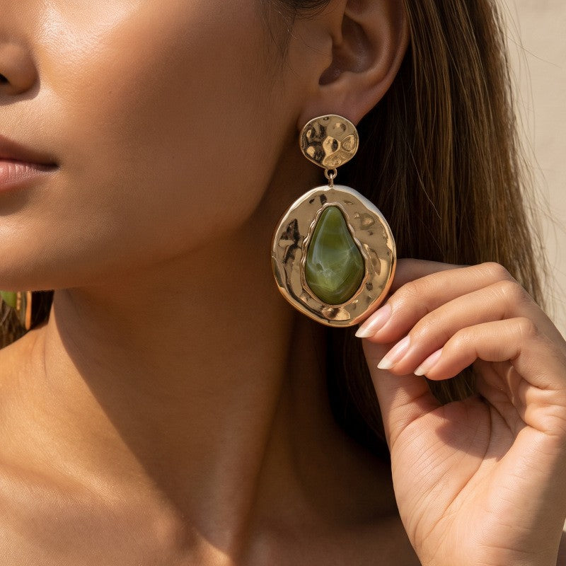 Classy Hammered Green Stone Drop Earrings