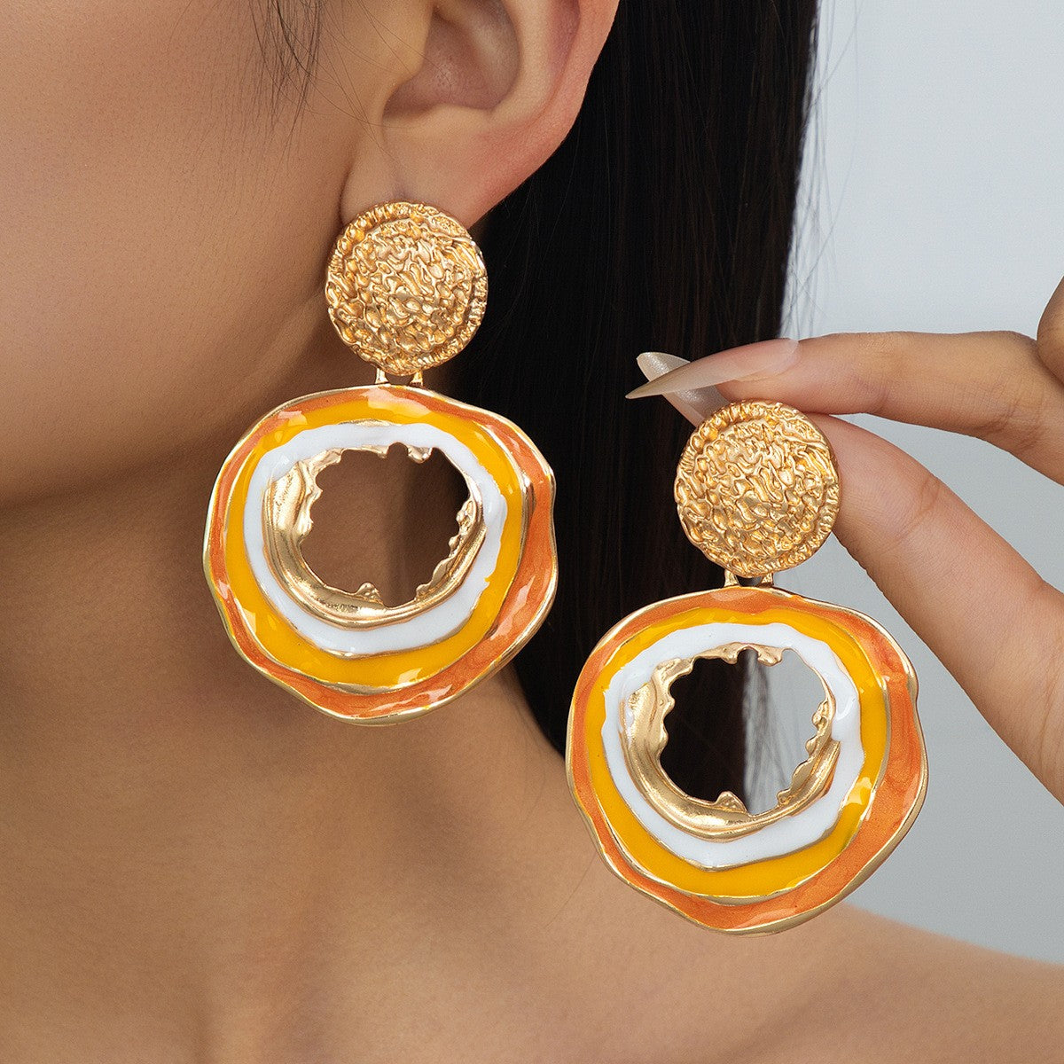 Classy Textured Enamel Circle Drop Earrings