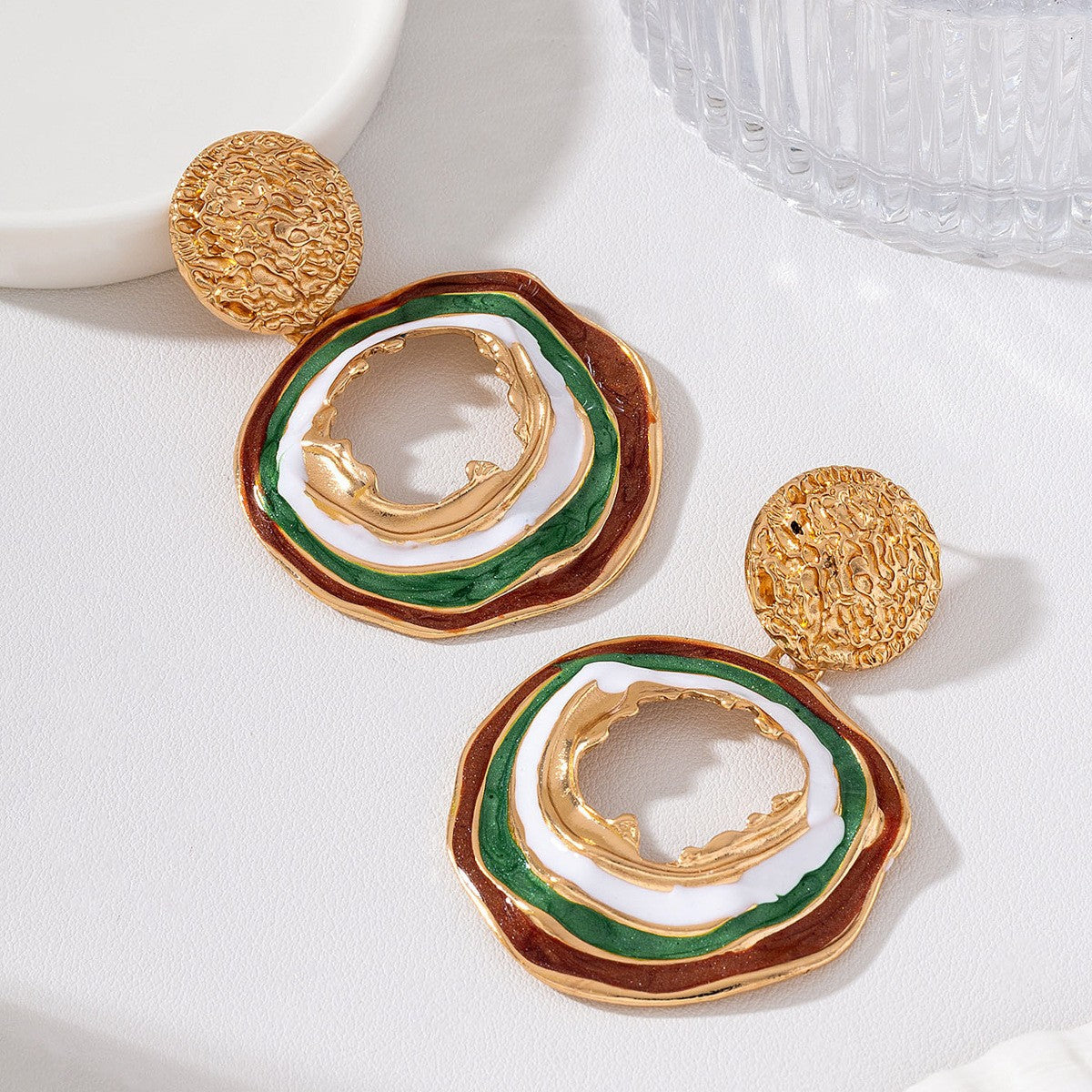 Classy Textured Enamel Circle Drop Earrings