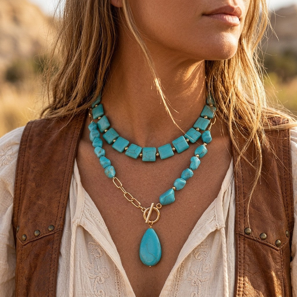 Boho Vintage Turquoise Square & Teardrop Necklace